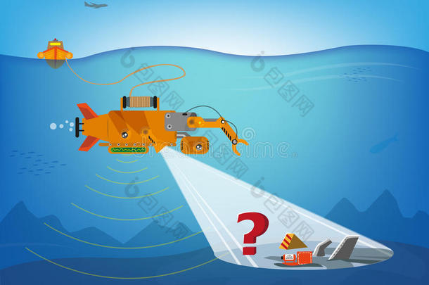 一种远程控制的机器人，在水下寻找飞机、船只或更多的碎片。 可编辑剪贴画。