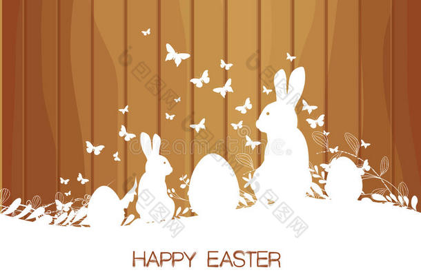 复活节贺卡与<strong>兔子</strong>，礼物和灯光在木制背景