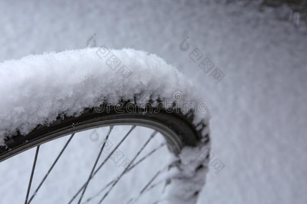 白色雪地上的自行车轮轮胎。