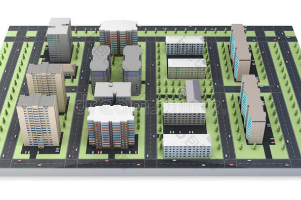 白色背景下城市的三维模型。