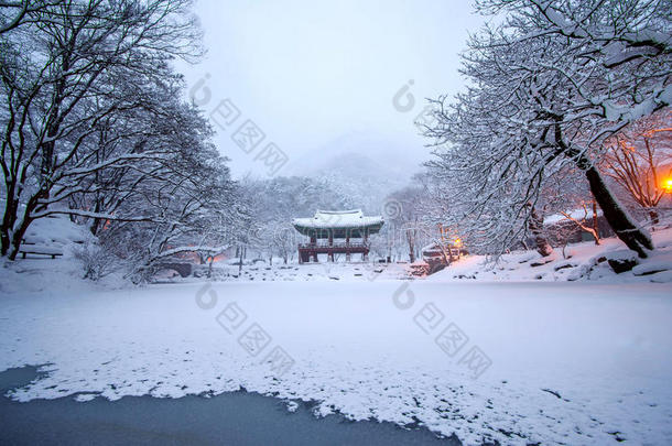 白扬萨寺和落<strong>雪</strong>，<strong>奈</strong>良山在冬天有<strong>雪</strong>。