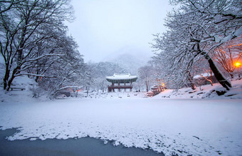 白扬萨寺和落雪，奈良山在冬天有雪。图片