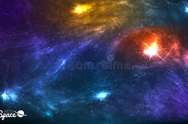 五颜六色的宇宙背景，闪烁的恒星，星尘和星云。 艺术作品矢量插图，派对传单
