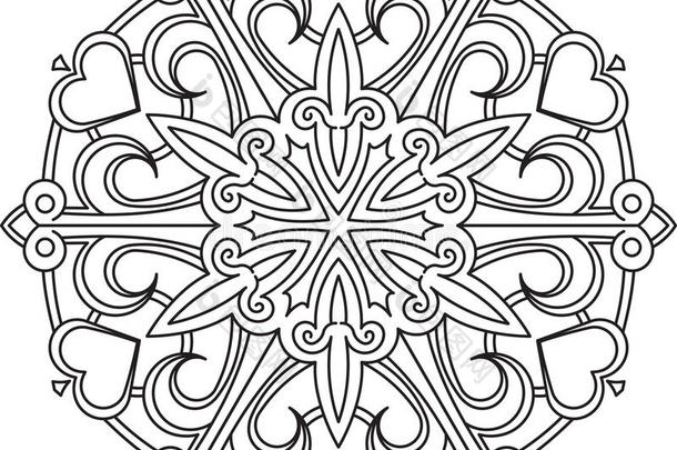 抽象黑色矢量圆形花边设计-曼陀罗，装饰元素与心。