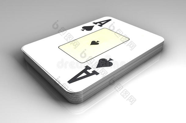 一副扑克牌，上面的牌作为黑桃的王牌，在白色的桌子上反射。