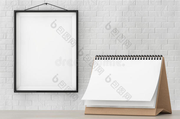 空白纸桌螺旋日历前砖墙与框架