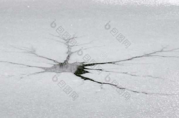 冰冻的河水在浮冰中有裂缝，显示表面