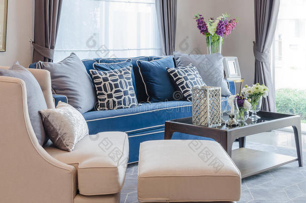 客厅地毯上有枕头和木桌的经典蓝色沙发