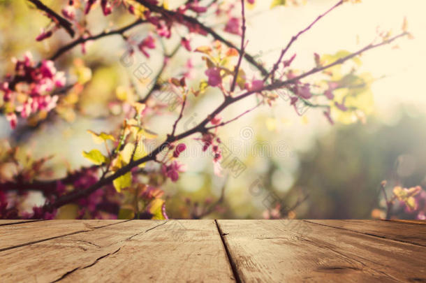 空木古董<strong>桌板</strong>在春天的花朵博克背景