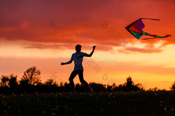 男孩在壮观的日落下放风筝