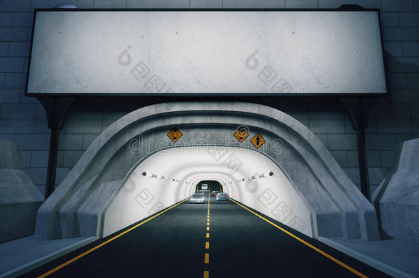 夜间隧道入口上方的空白广告牌，模拟