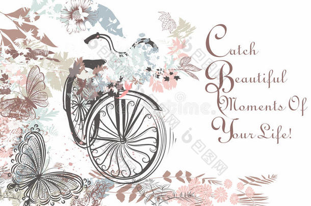 美丽的<strong>手绘自行车</strong>与蝴蝶和花卉乡村