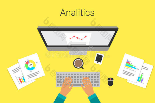 监控报表图上的业务流程。 分析师，他的工作。 分析图和图表。 矢量插图。