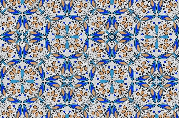 精致的东方彩色地毯或陶瓷装饰品，橙色和蓝色，黑色背景上有白色曲线