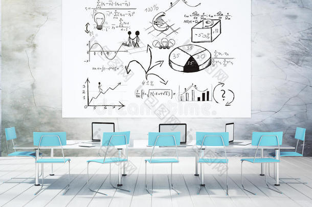 会议室白色poser的商业方案，配有蓝色椅子和混凝土墙