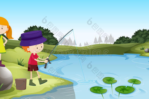 男孩和女孩在河边钓鱼
