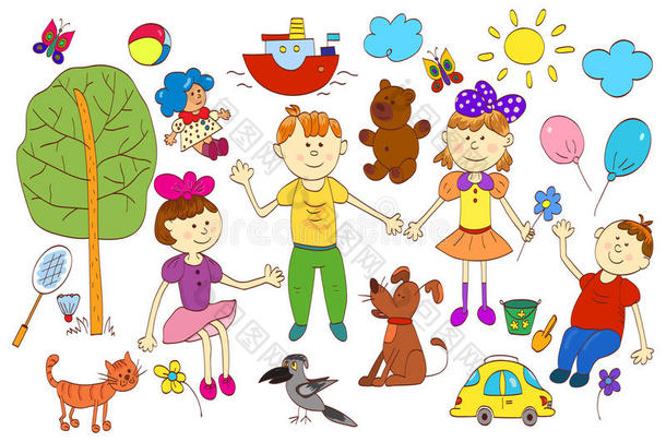 涂鸦一套可爱的孩子的生活，包括宠物，玩具，植物