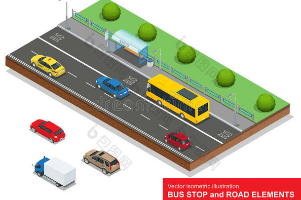 公交站。一套等距公共汽车、轿车、出租车、货运站、迷你站和公共汽车站。