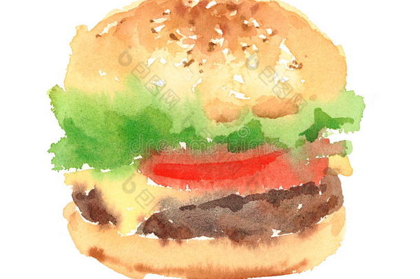 芝士<strong>汉堡</strong>水彩食品插图<strong>手绘</strong>在白色背景上隔离