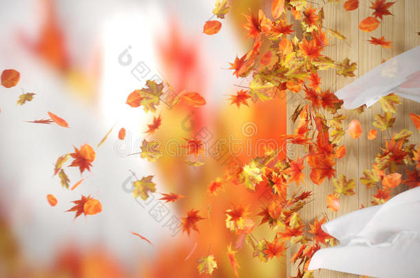 秋天的树叶飘落和缠绕，窗帘的背景