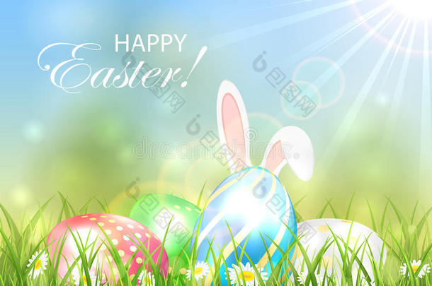 复活节背景与五彩蛋和兔子