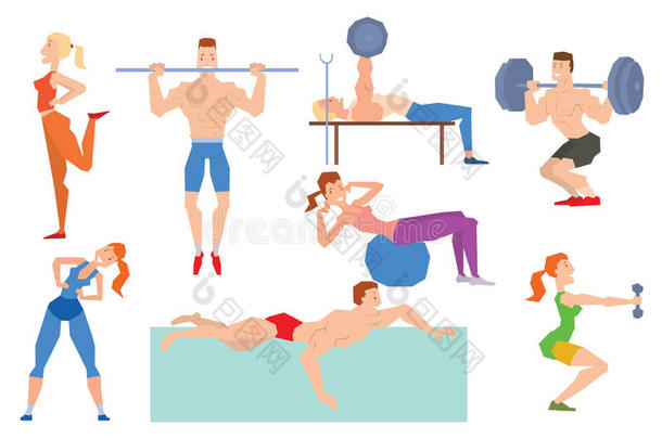 卡通运动健身房的人在健身球上集体锻炼
