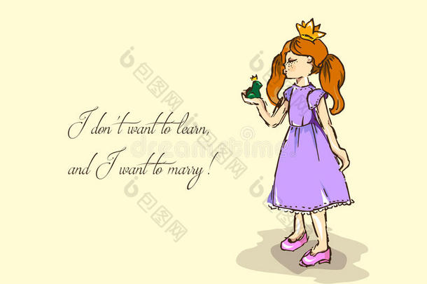 手绘插图。 有公主的卡片。 红发女孩和一只青蛙。 我不想学习，也不想结婚。
