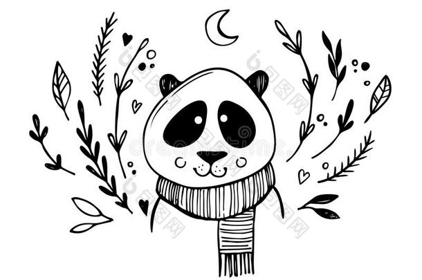 手绘矢量插图-可爱的熊猫与花卉元素