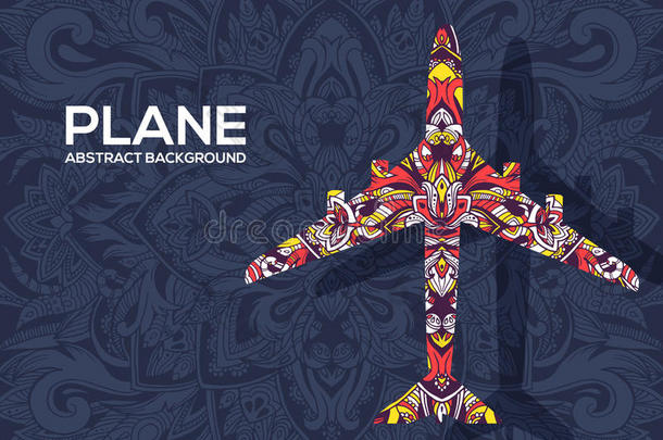 艺术飞行飞机与抽象的彩色装饰背景。 矢量装饰民族文化模板