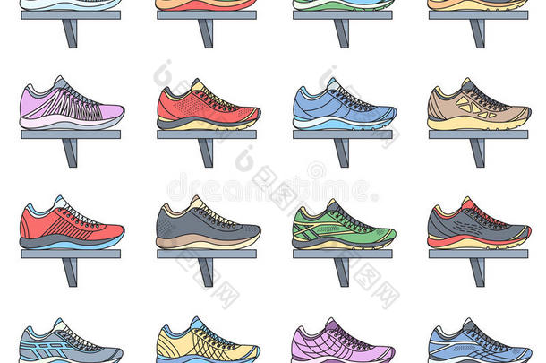 大平面插图集合运动鞋跑步，步行，购物，风格背景。 向量概念元素