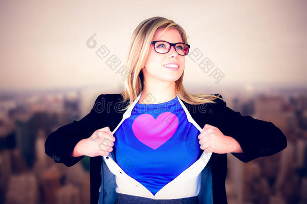 女商人打开衬衫的合成图像超级英雄风格