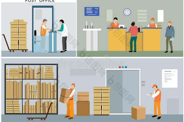 邮局服务的平面设计：上班族、邮递员、人、室内、行动和活动