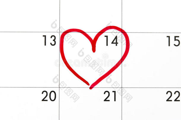 日期2月14日的日历上，情人节的红心包围着