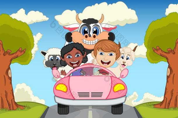 孩子们开车在街上用牛、山<strong>羊</strong>、<strong>羊</strong>和猪的<strong>卡通</strong>矢量插图