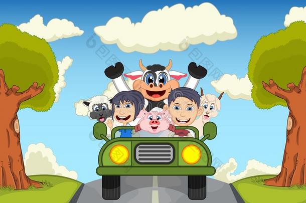 孩子们开车在街上用牛、山羊、羊和猪的卡通矢量插图