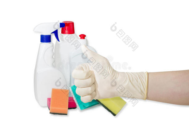 手工橡胶手套，清洁海绵和清洁剂
