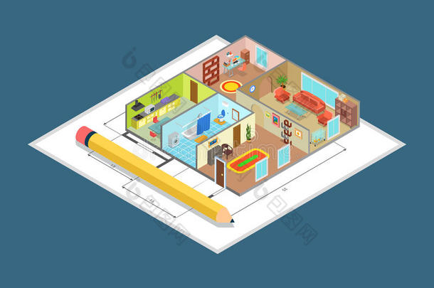 公寓内部平面图室内房间平面三维等距矢量