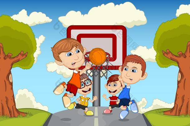 孩子们在公园的卡通上打篮球