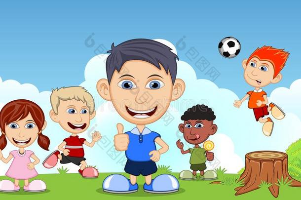 孩子们踢足球，吃冰淇淋，跑步，在公园卡通矢量插图