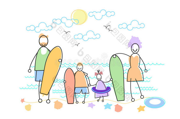 大家庭假日海边举行风帆冲浪板
