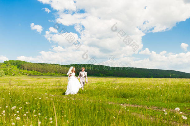 一对年轻夫妇相爱，新娘和新郎，婚礼在夏天。 在田野里享受<strong>片刻</strong>的幸福和爱。 新娘