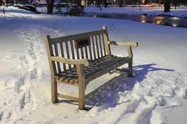 <strong>雪夜</strong>在公园里的长凳