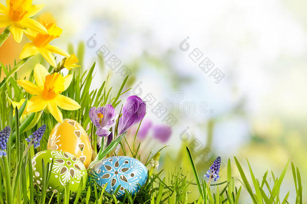春天草地上新鲜的复活节背景