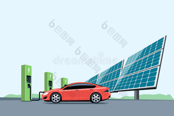 电动汽车在太阳能电池板前面的充电站充电