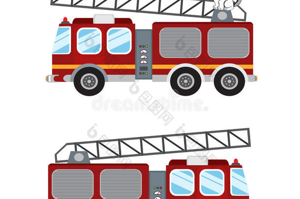 消防车卡通插图和可爱的小狗消防员。