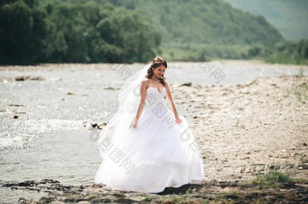 美丽的豪华年轻新娘穿着白色婚纱和面纱，站在<strong>河边</strong>，<strong>背景</strong>是群山