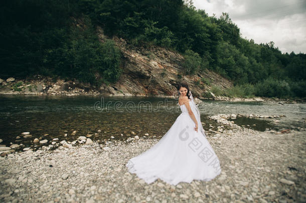 美丽的豪华年轻新娘穿着白色婚纱和面纱，站在河边，背景是群山