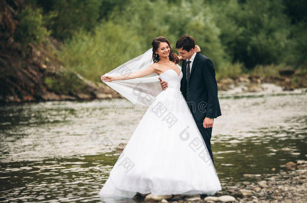 优雅，温柔，时尚，新郎和新娘靠近河边，有石头。 一对相爱的新婚夫妇