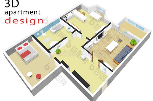 公寓<strong>三维等距</strong>平面图。 现代<strong>等距</strong>内部的矢量图。