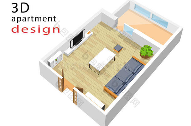公寓三维等距平面图。 现代等距客厅内部的矢量插图。